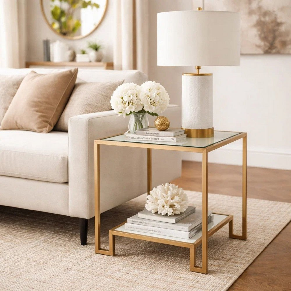 Benjara Kix Side End Table, 20 Inch Square Glass Top, Open Shelf, Antique Gold