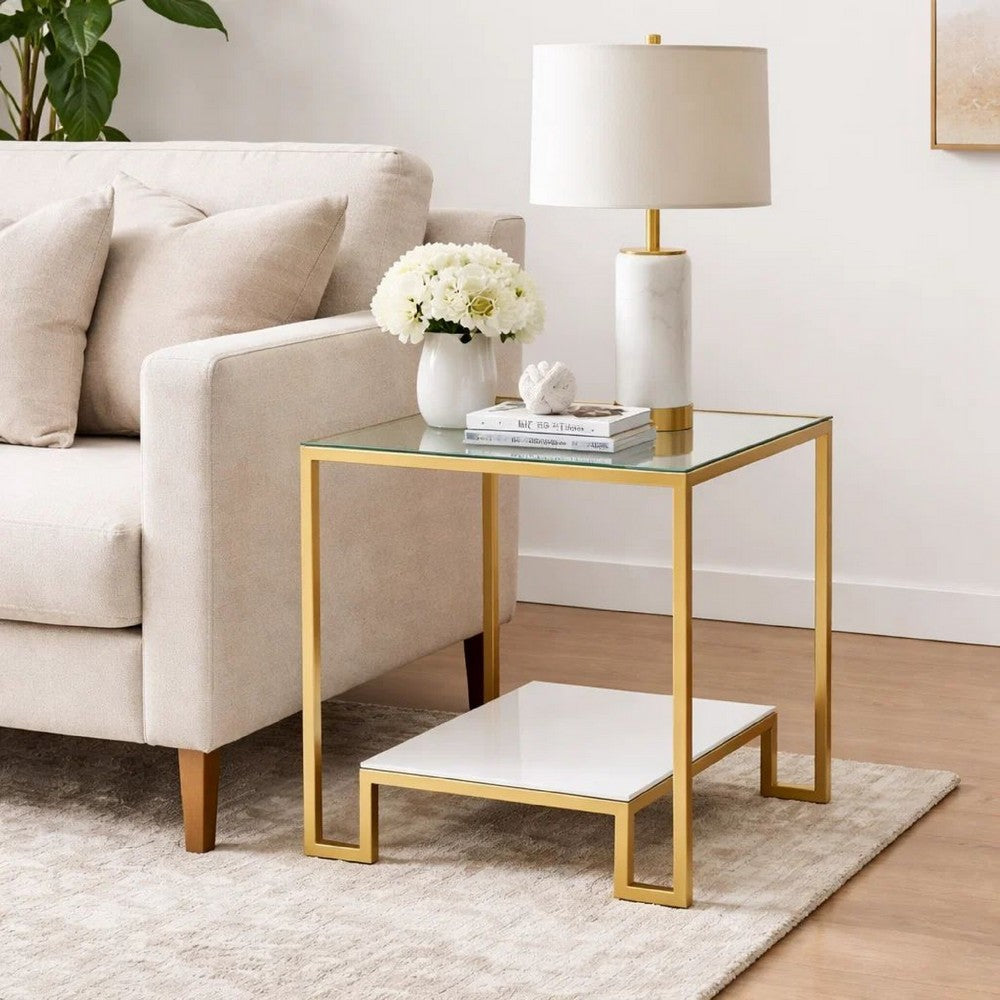 Benjara Kix Side End Table, 20 Inch Square Glass Top, Open Shelf, Antique Gold