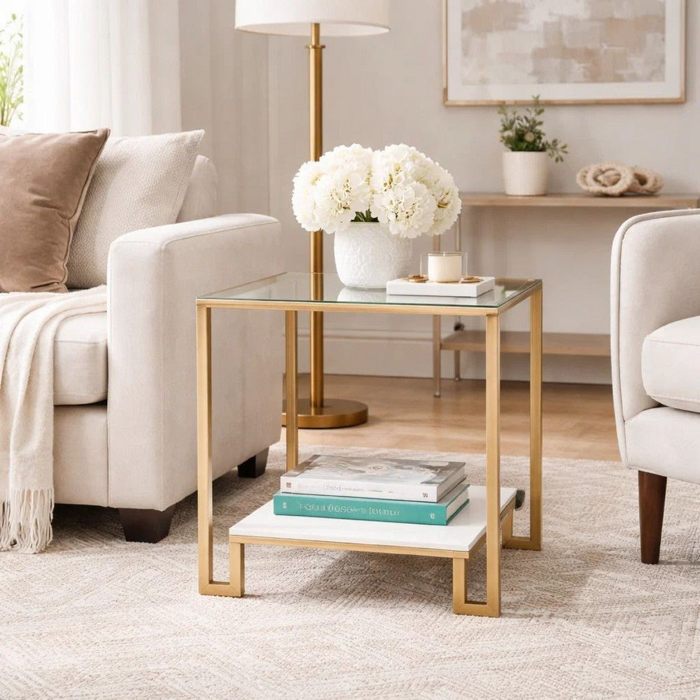 Benjara Kix Side End Table, 20 Inch Square Glass Top, Open Shelf, Antique Gold