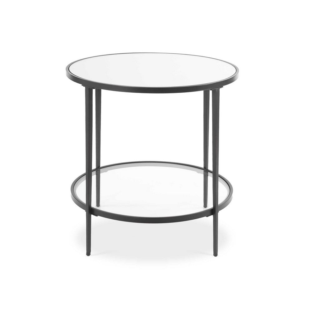 Benjara Lify Side End Table, 24 Inch Round Mirrored Top, Open Shelf, Black