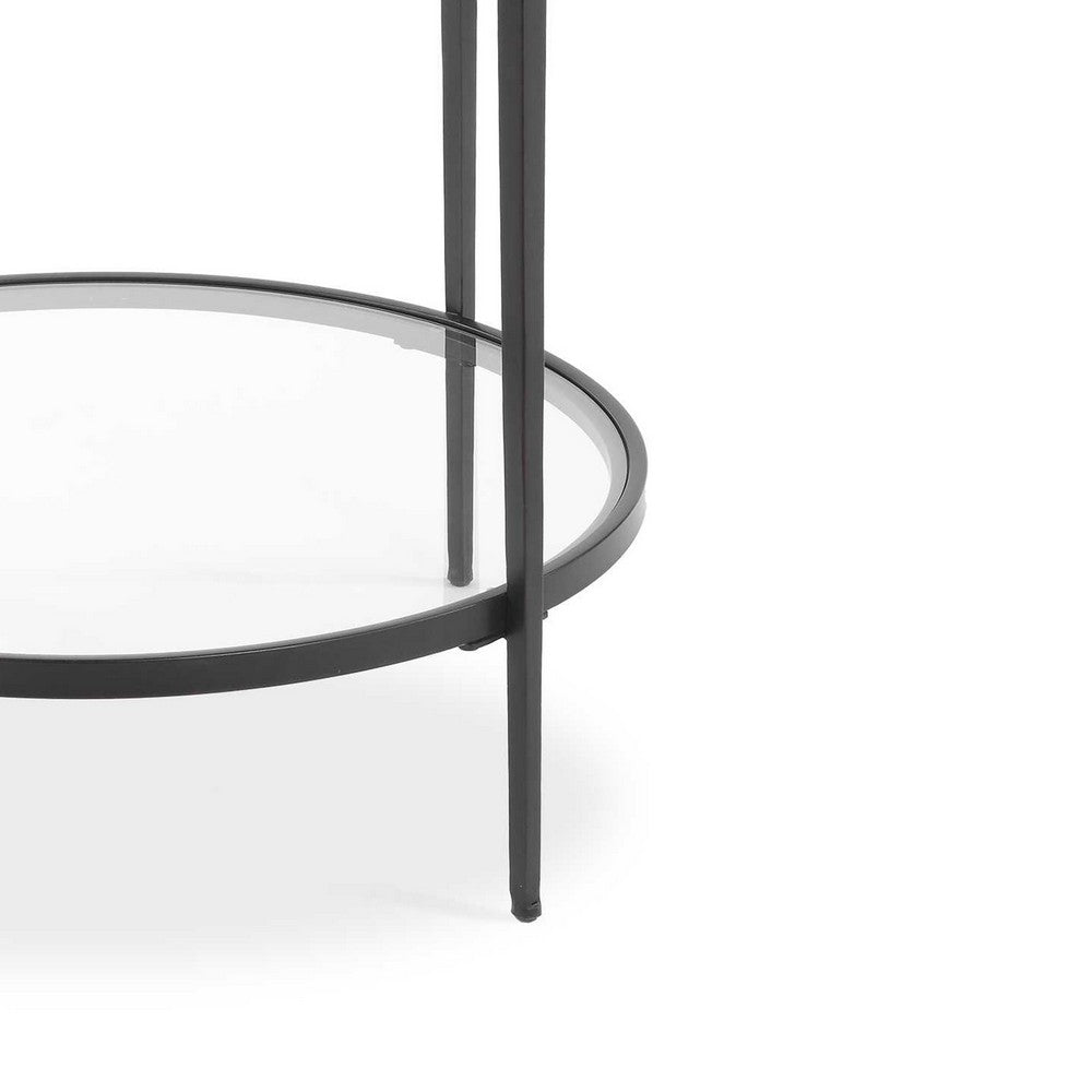 Benjara Lify Side End Table, 24 Inch Round Mirrored Top, Open Shelf, Black