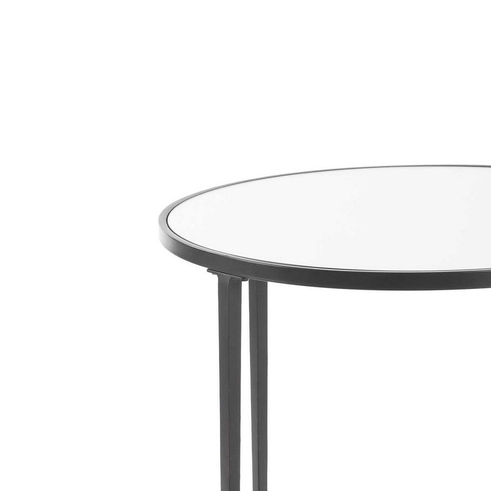 Benjara Lify Side End Table, 24 Inch Round Mirrored Top, Open Shelf, Black