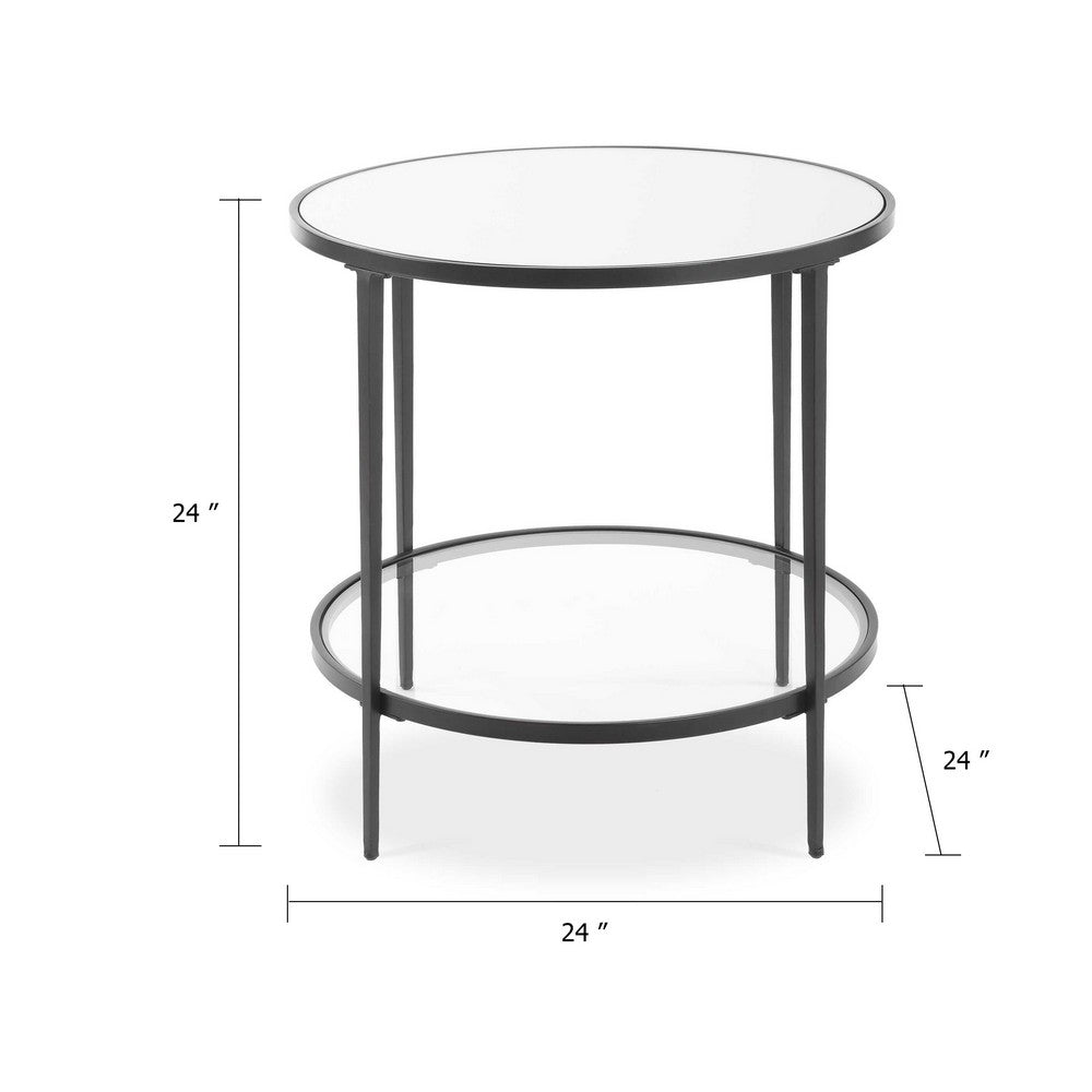 Benjara Lify Side End Table, 24 Inch Round Mirrored Top, Open Shelf, Black