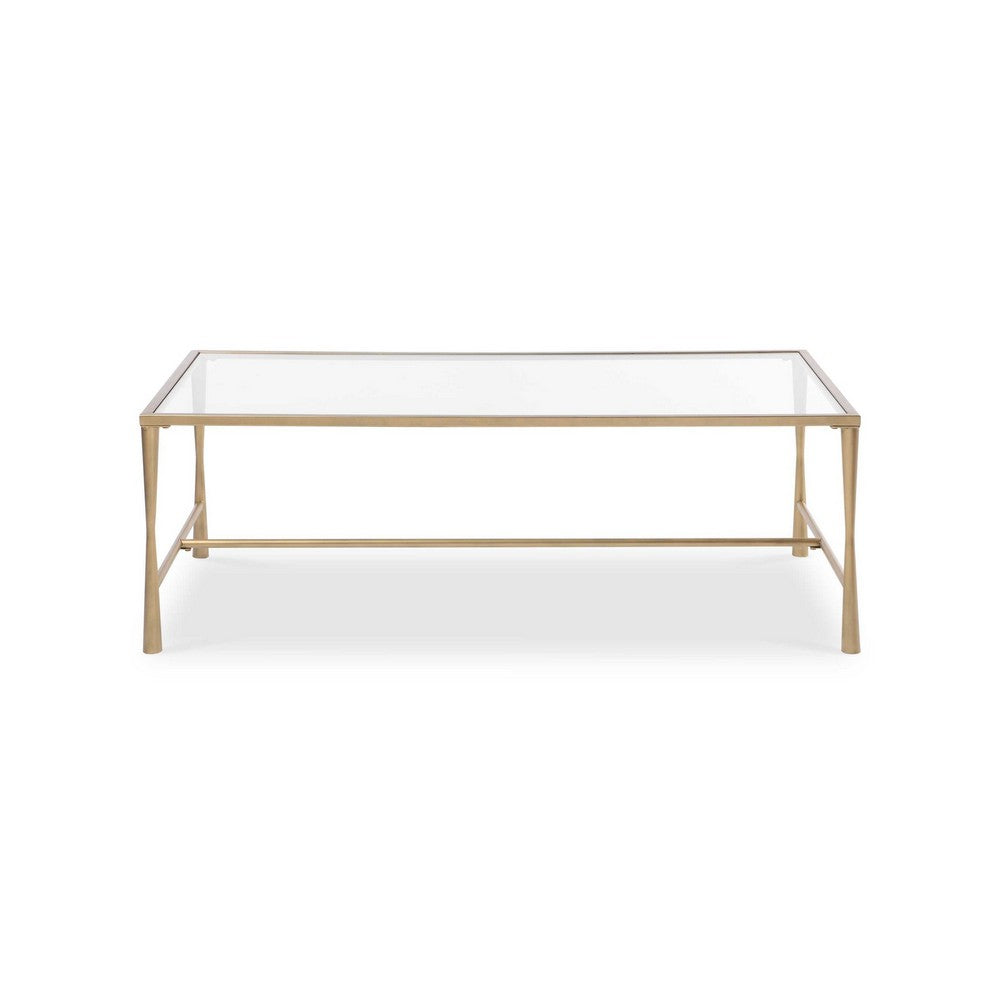 Benjara Ova Coffee Table, 47 Inch Rectangular Glass Top, Antique Gold Iron