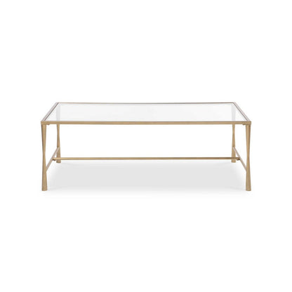 Benjara Ova Coffee Table, 47 Inch Rectangular Glass Top, Antique Gold Iron