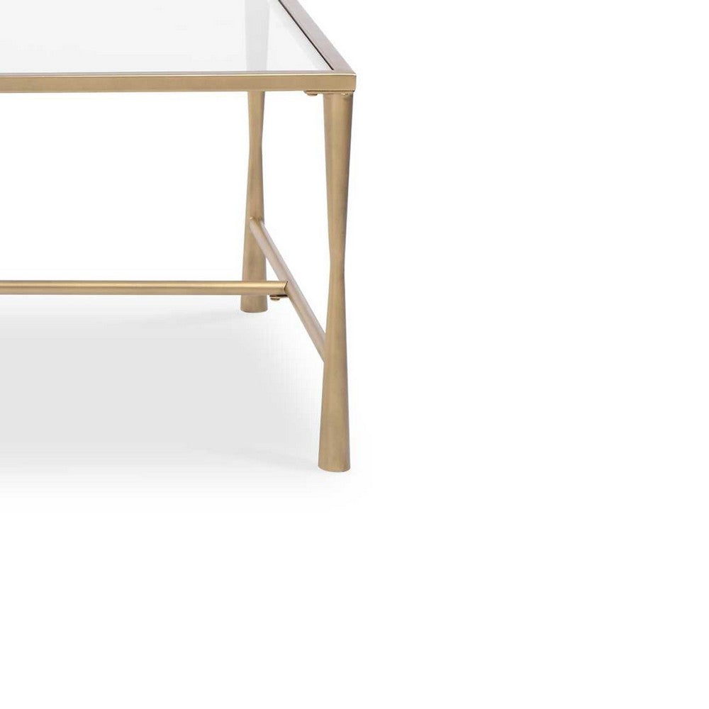 Benjara Ova Coffee Table, 47 Inch Rectangular Glass Top, Antique Gold Iron