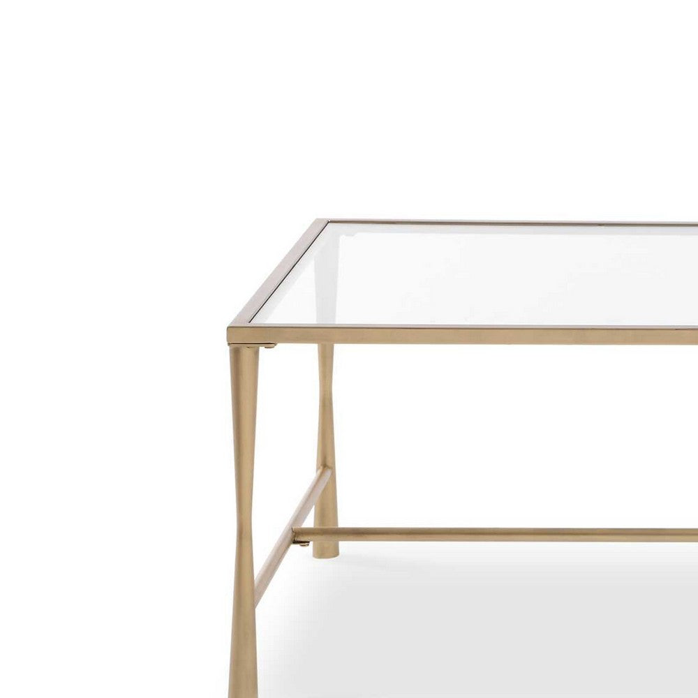 Benjara Ova Coffee Table, 47 Inch Rectangular Glass Top, Antique Gold Iron