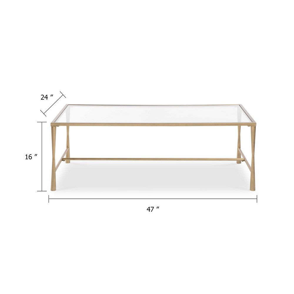 Benjara Ova Coffee Table, 47 Inch Rectangular Glass Top, Antique Gold Iron