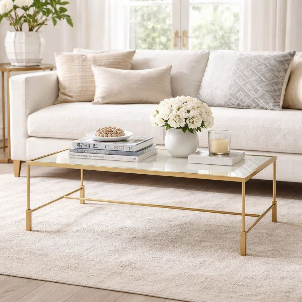 Benjara Ova Coffee Table, 47 Inch Rectangular Glass Top, Antique Gold Iron