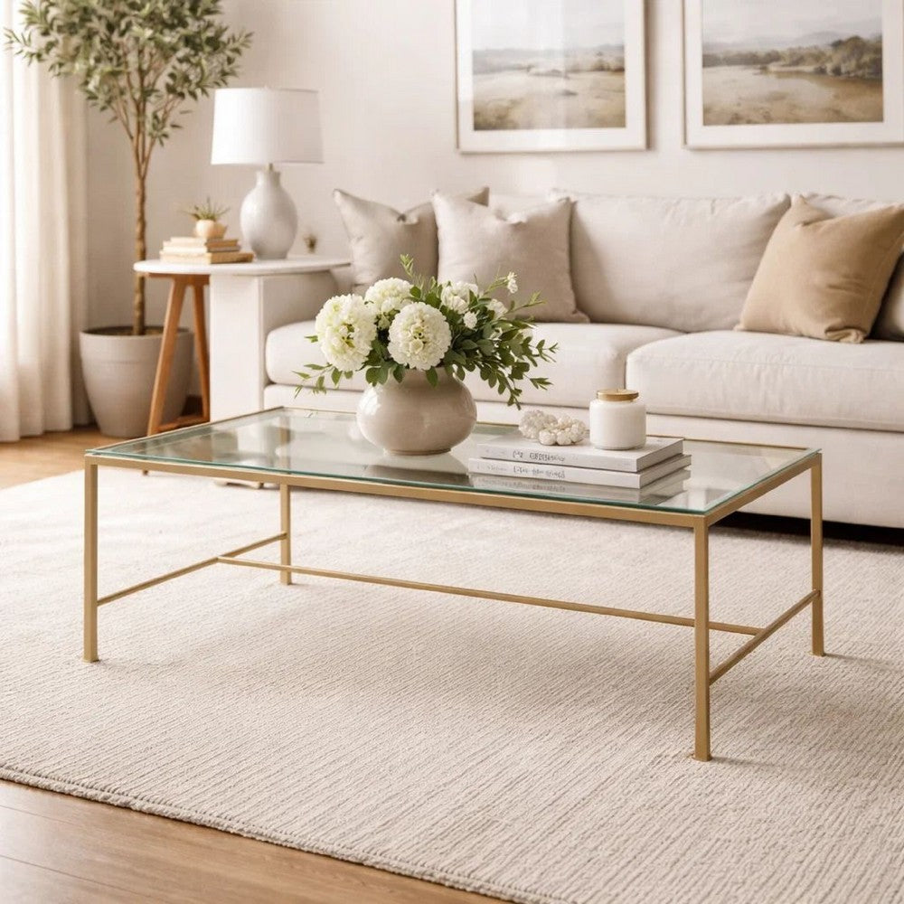 Benjara Ova Coffee Table, 47 Inch Rectangular Glass Top, Antique Gold Iron