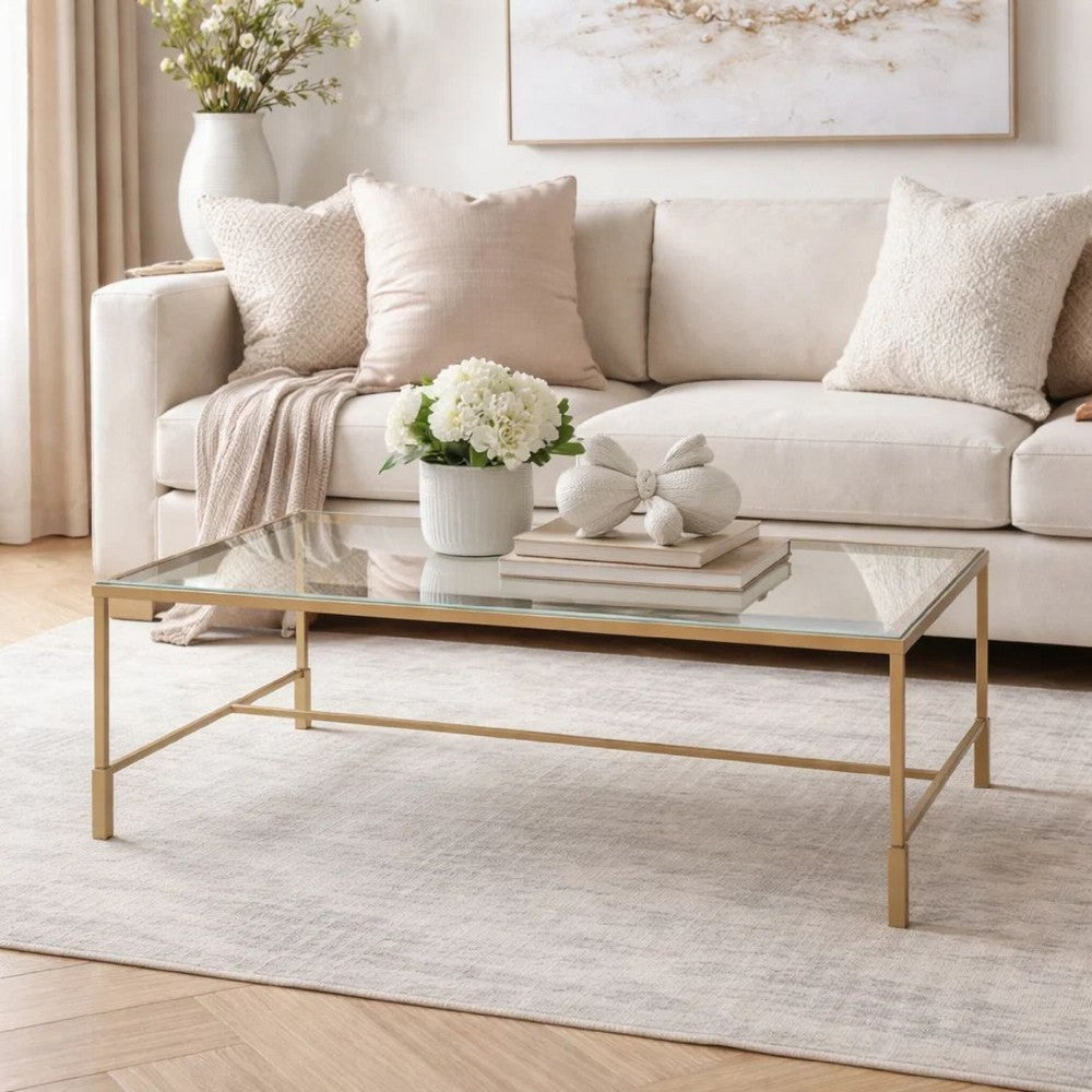 Benjara Ova Coffee Table, 47 Inch Rectangular Glass Top, Antique Gold Iron
