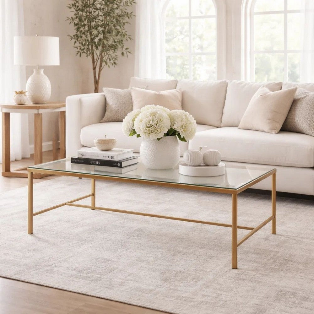 Benjara Ova Coffee Table, 47 Inch Rectangular Glass Top, Antique Gold Iron