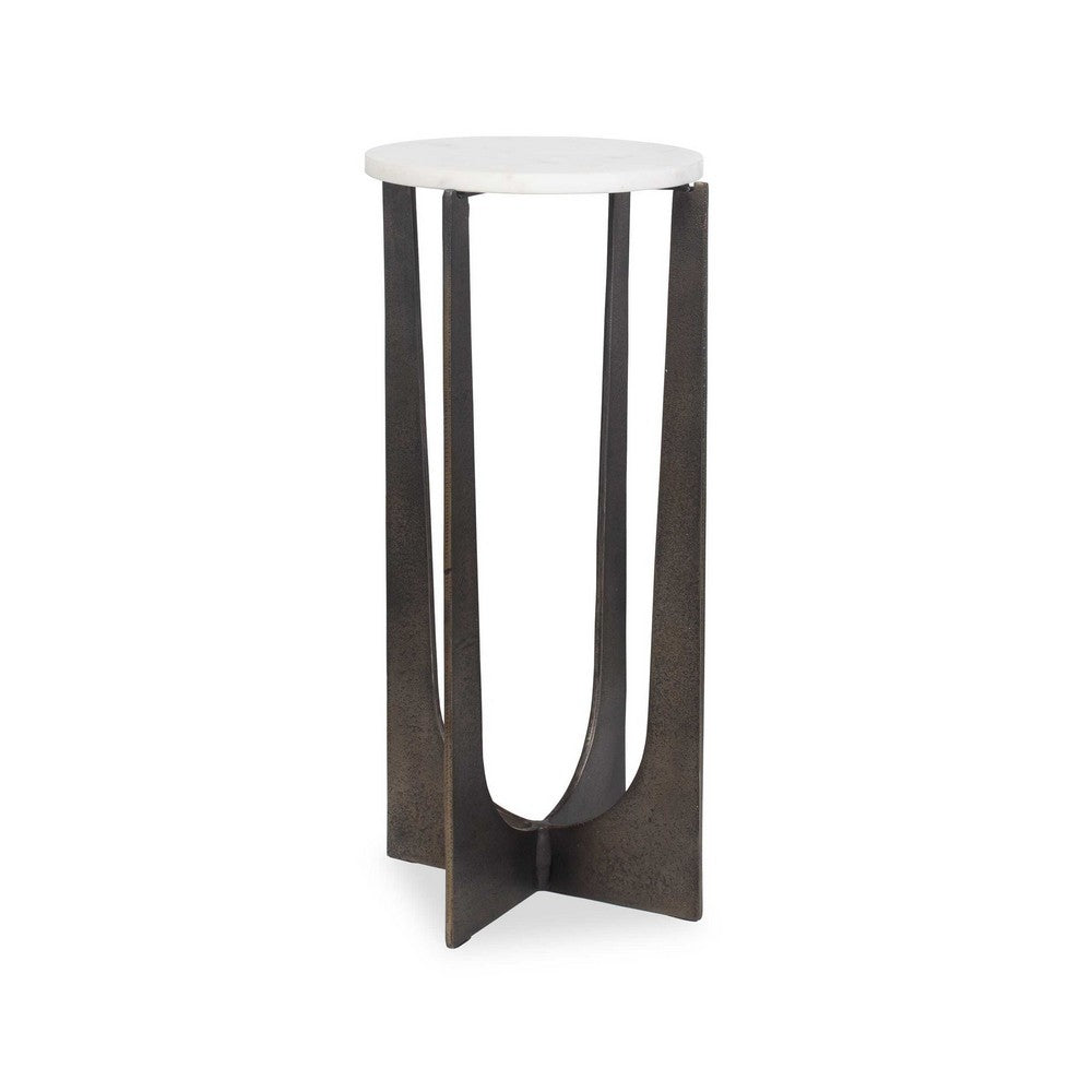Benjara Dery Accent Table, 12 Inch Round White Marble Top, Brass Bronze Legs