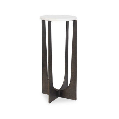 Benjara Dery Accent Table, 12 Inch Round White Marble Top, Brass Bronze Legs