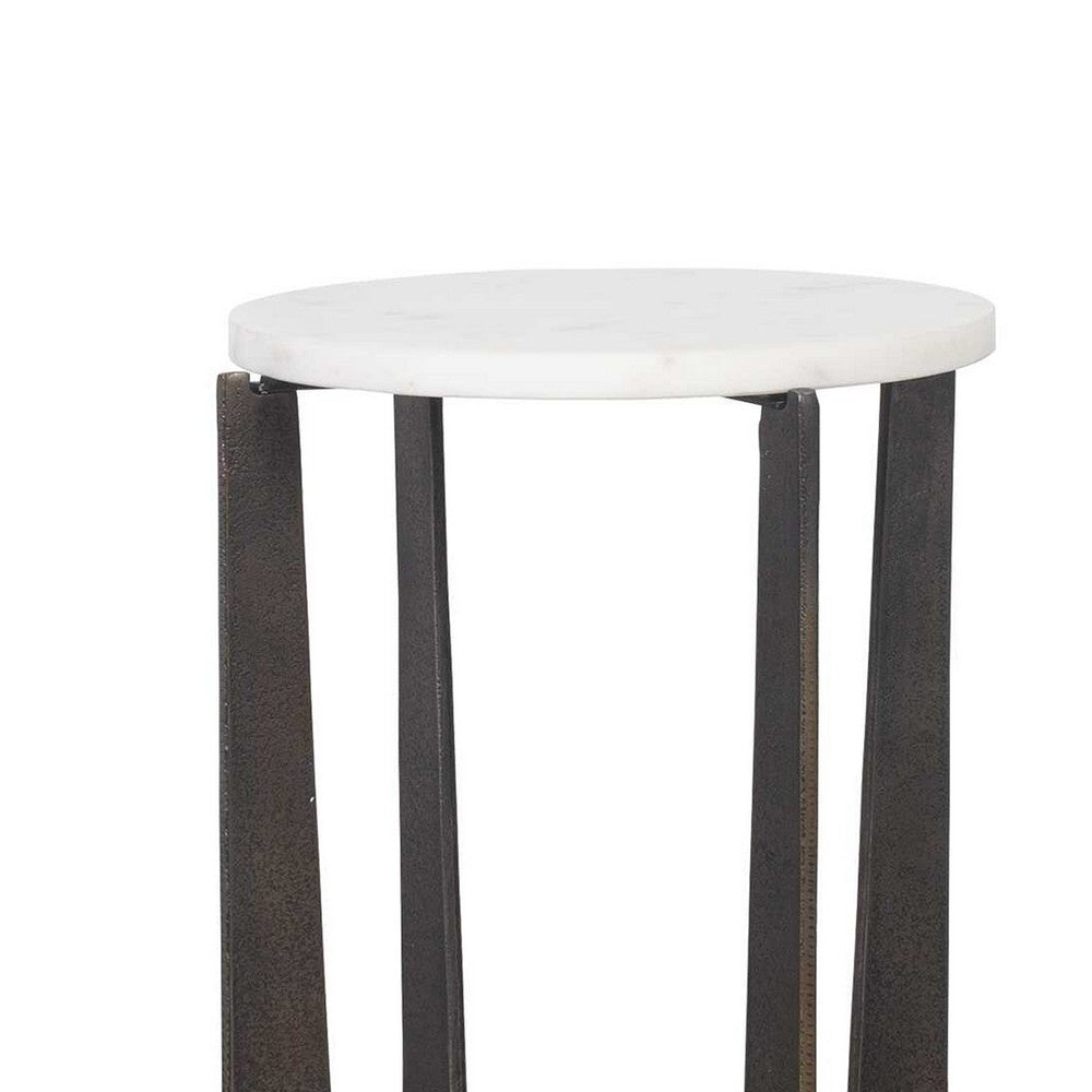 Benjara Dery Accent Table, 12 Inch Round White Marble Top, Brass Bronze Legs