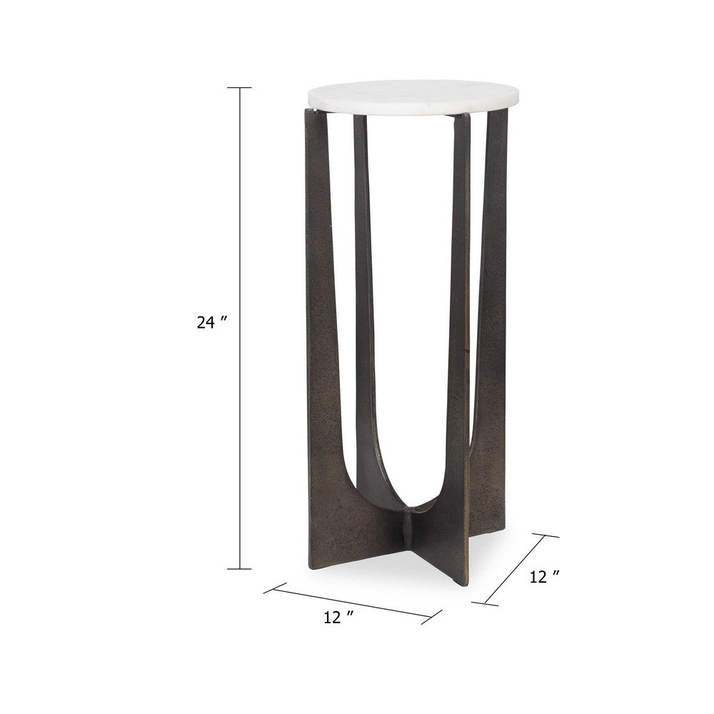 Benjara Dery Accent Table, 12 Inch Round White Marble Top, Brass Bronze Legs
