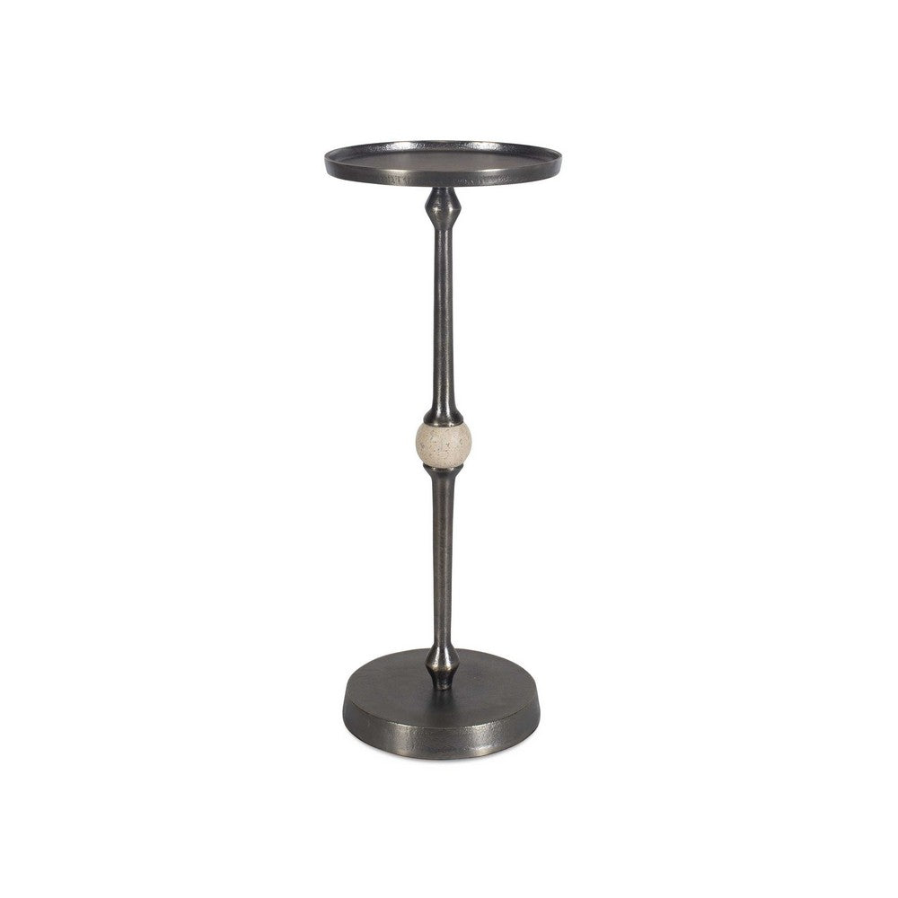 Benjara Acy Accent Table, 9 Inch Metal Top, Round Travertine Insert, Dark Bronze