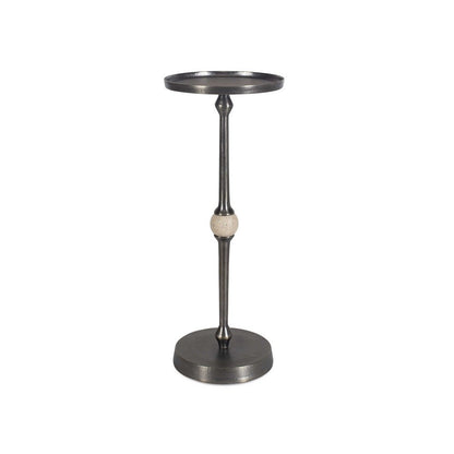 Benjara Acy Accent Table, 9 Inch Metal Top, Round Travertine Insert, Dark Bronze
