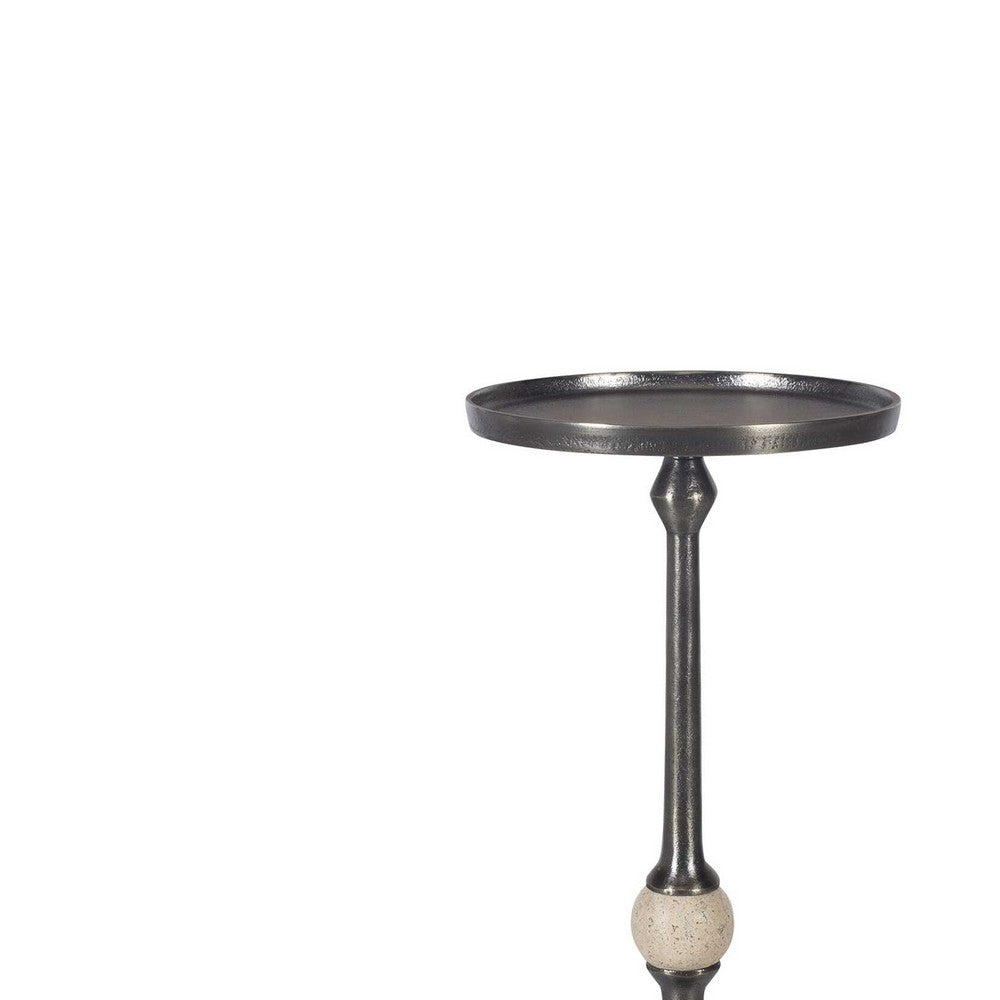 Benjara Acy Accent Table, 9 Inch Metal Top, Round Travertine Insert, Dark Bronze