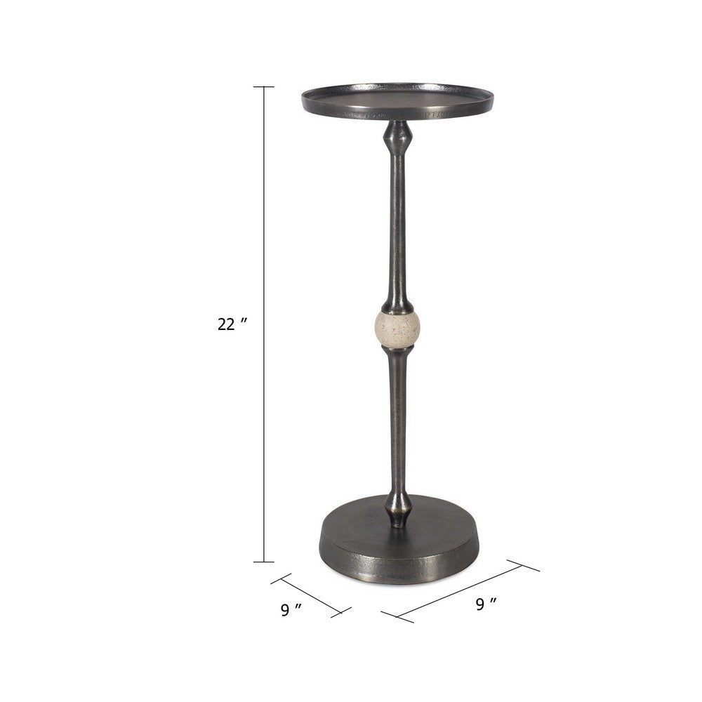Benjara Acy Accent Table, 9 Inch Metal Top, Round Travertine Insert, Dark Bronze
