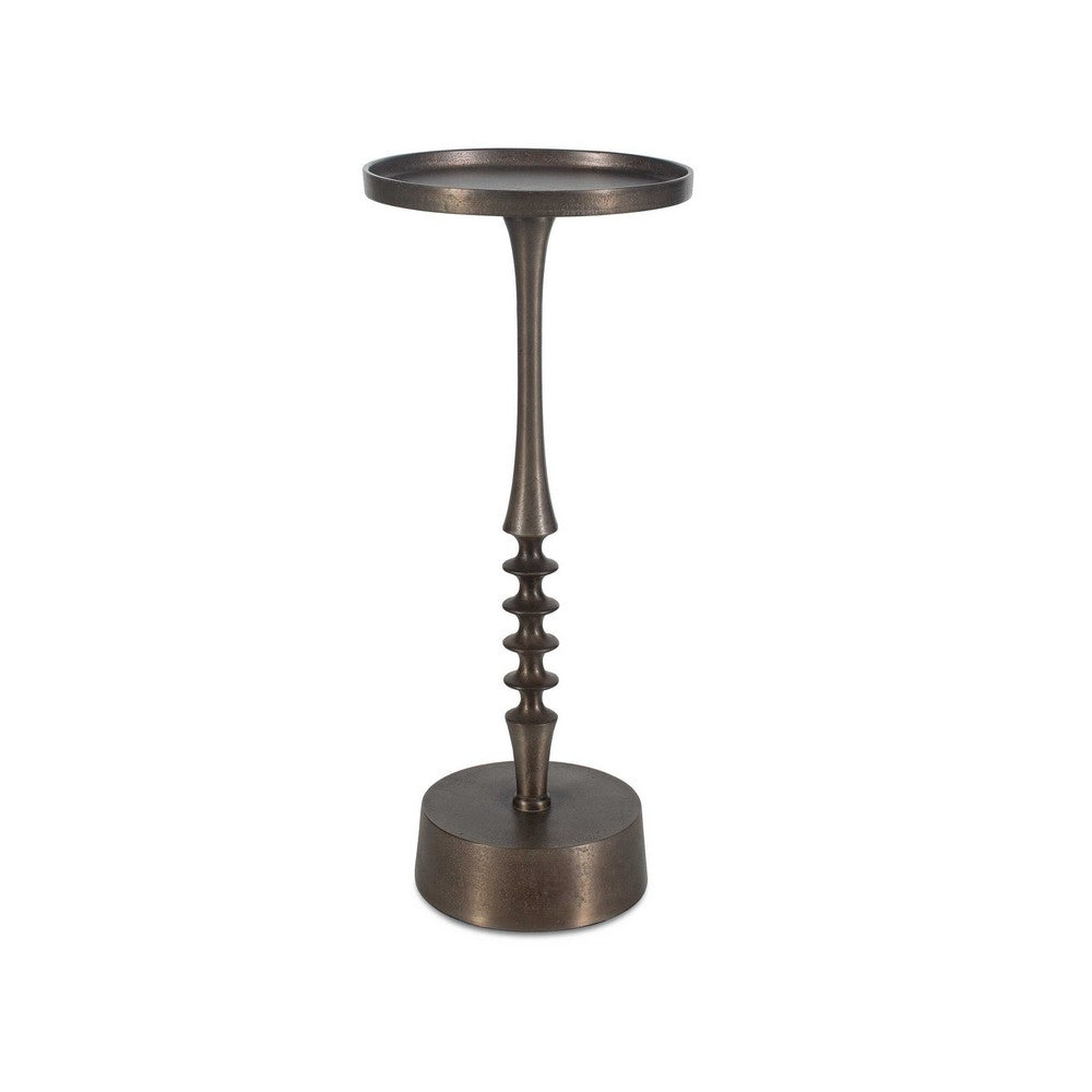 Benjara Teo Accent Table, 10 Inch Round Top, Ribbed Bronze Iron Central Pole