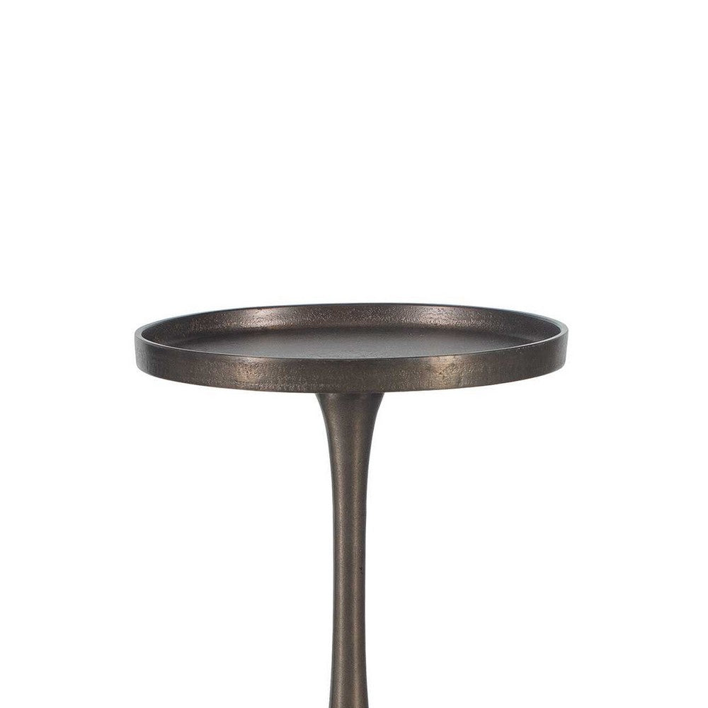 Benjara Teo Accent Table, 10 Inch Round Top, Ribbed Bronze Iron Central Pole