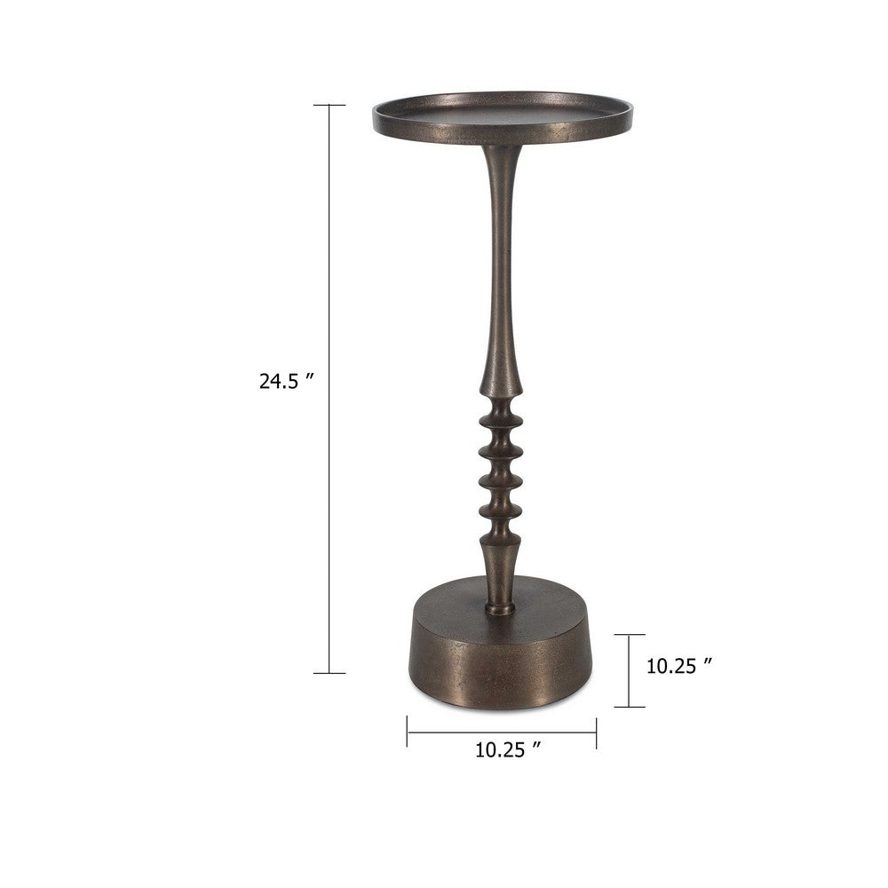 Benjara Teo Accent Table, 10 Inch Round Top, Ribbed Bronze Iron Central Pole