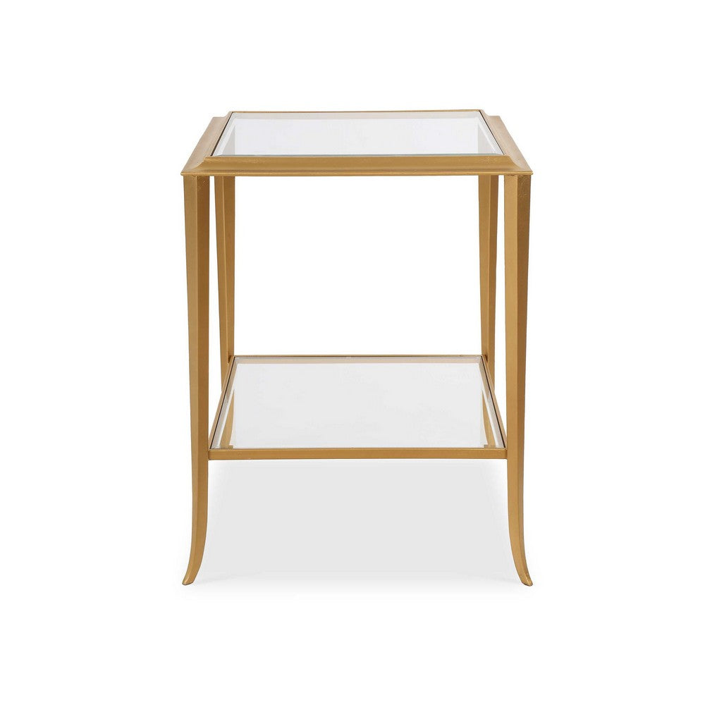 Benjara Fer Accent Table, 18 Inch Glass Top, Bottom Open Shelf, Gold Leaf Iron