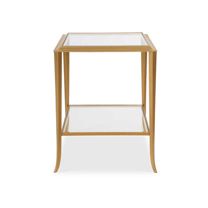 Benjara Fer Accent Table, 18 Inch Glass Top, Bottom Open Shelf, Gold Leaf Iron