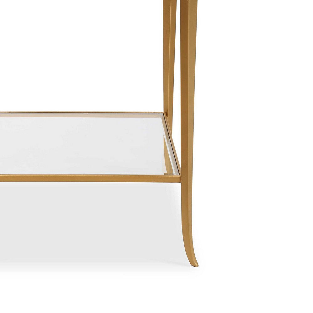 Benjara Fer Accent Table, 18 Inch Glass Top, Bottom Open Shelf, Gold Leaf Iron