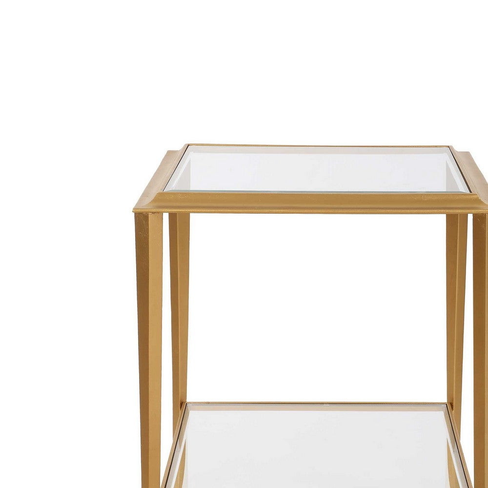 Benjara Fer Accent Table, 18 Inch Glass Top, Bottom Open Shelf, Gold Leaf Iron