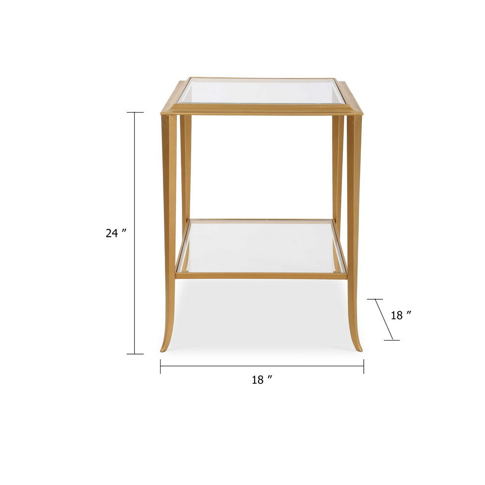 Benjara Fer Accent Table, 18 Inch Glass Top, Bottom Open Shelf, Gold Leaf Iron