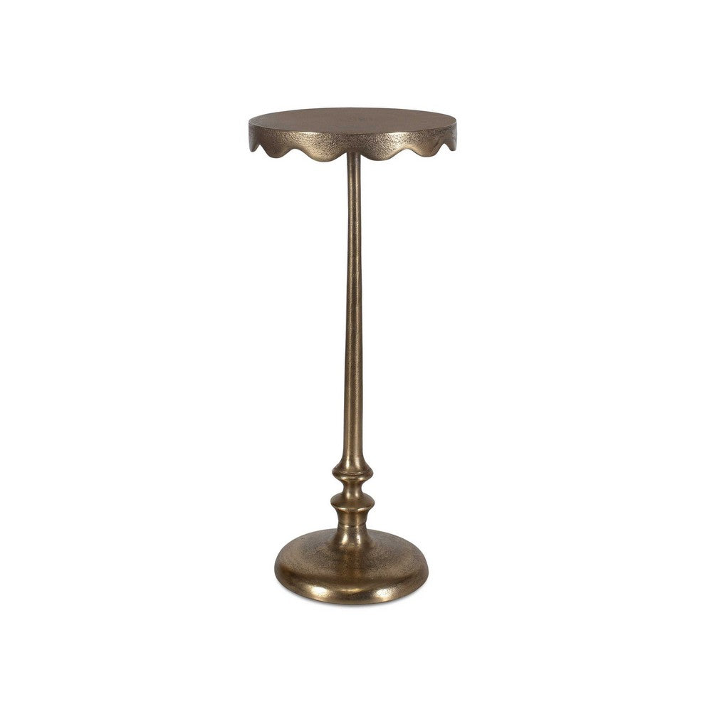 Benjara Viny Accent Table, 10 Inch Round Top w Scalloped Edges, Antique Brass