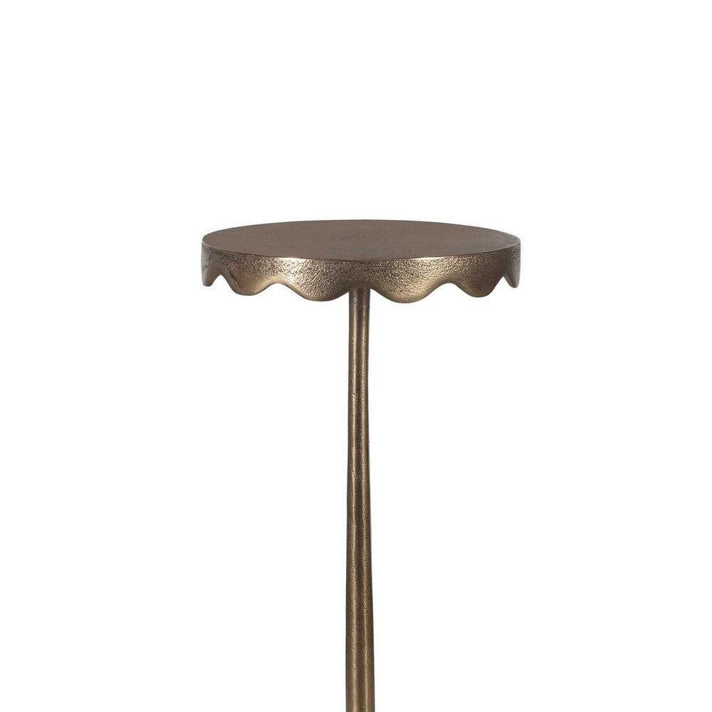 Benjara Viny Accent Table, 10 Inch Round Top w Scalloped Edges, Antique Brass
