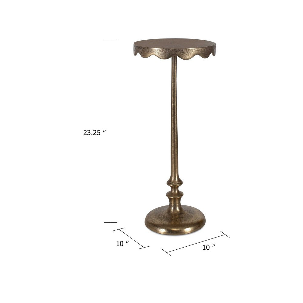 Benjara Viny Accent Table, 10 Inch Round Top w Scalloped Edges, Antique Brass