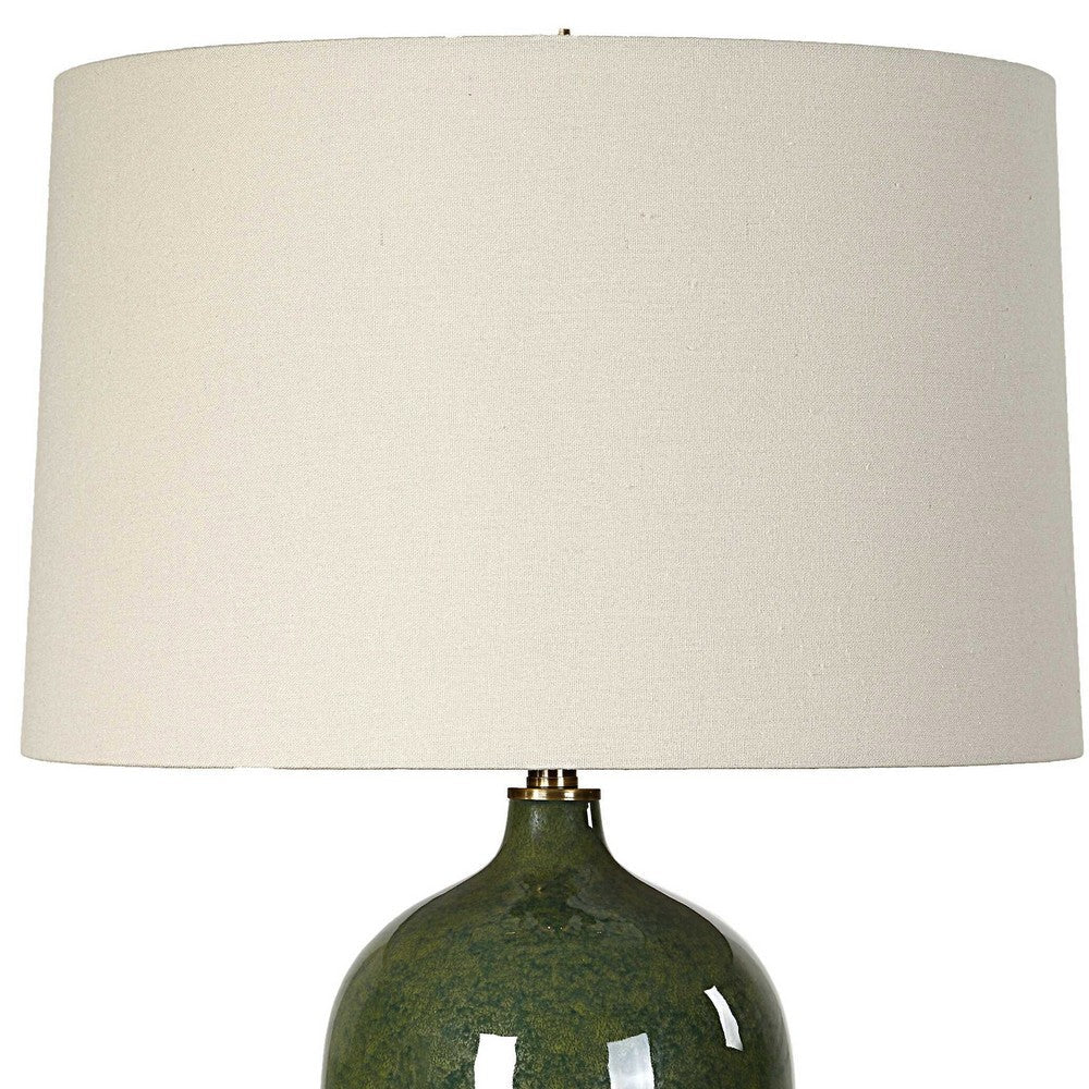 Benjara Table Lamp, Beige Linen Shade, Distressed Emerald Green Ceramic 28 Inch