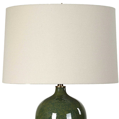 Benjara Table Lamp, Beige Linen Shade, Distressed Emerald Green Ceramic 28 Inch
