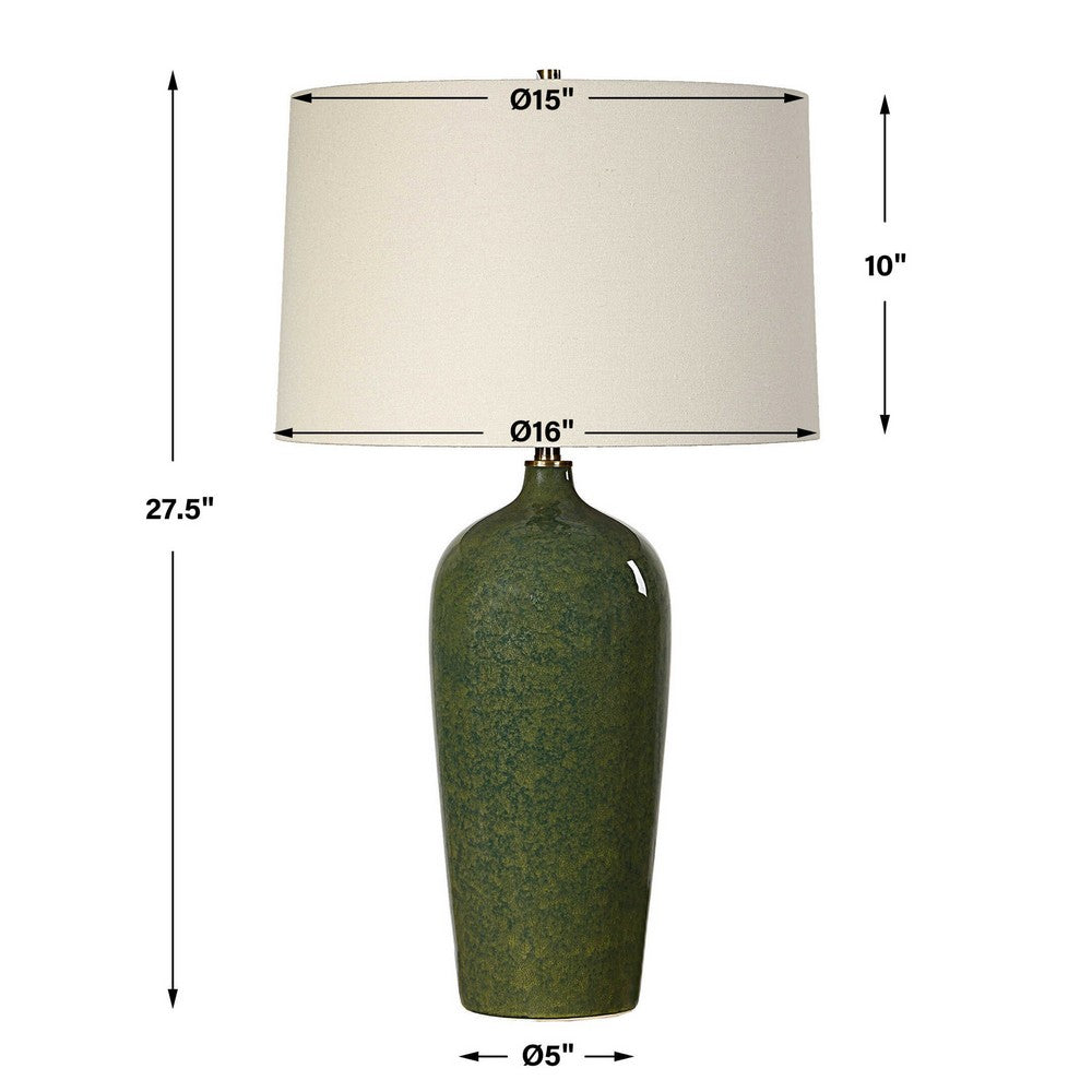 Benjara Table Lamp, Beige Linen Shade, Distressed Emerald Green Ceramic 28 Inch