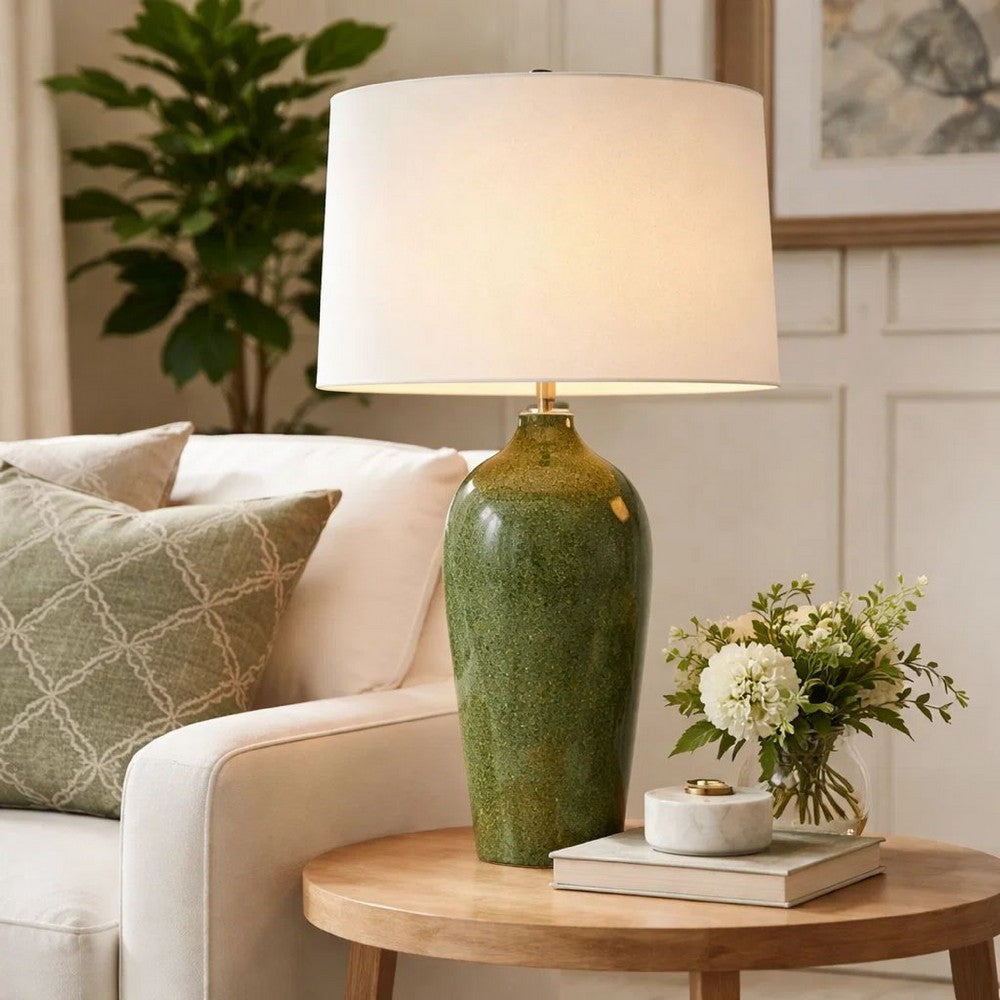 Benjara Table Lamp, Beige Linen Shade, Distressed Emerald Green Ceramic 28 Inch