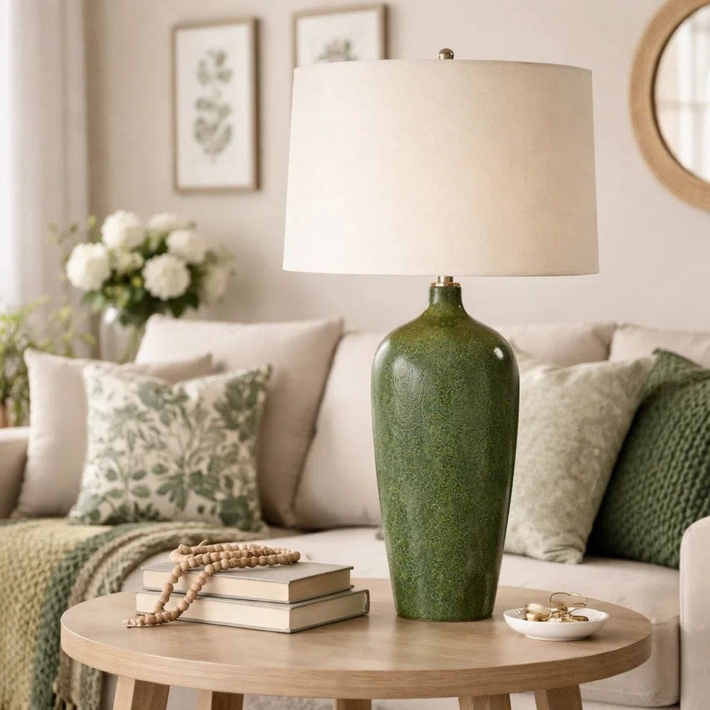 Benjara Table Lamp, Beige Linen Shade, Distressed Emerald Green Ceramic 28 Inch