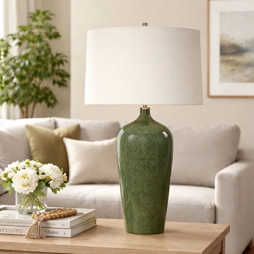 Benjara Table Lamp, Beige Linen Shade, Distressed Emerald Green Ceramic 28 Inch