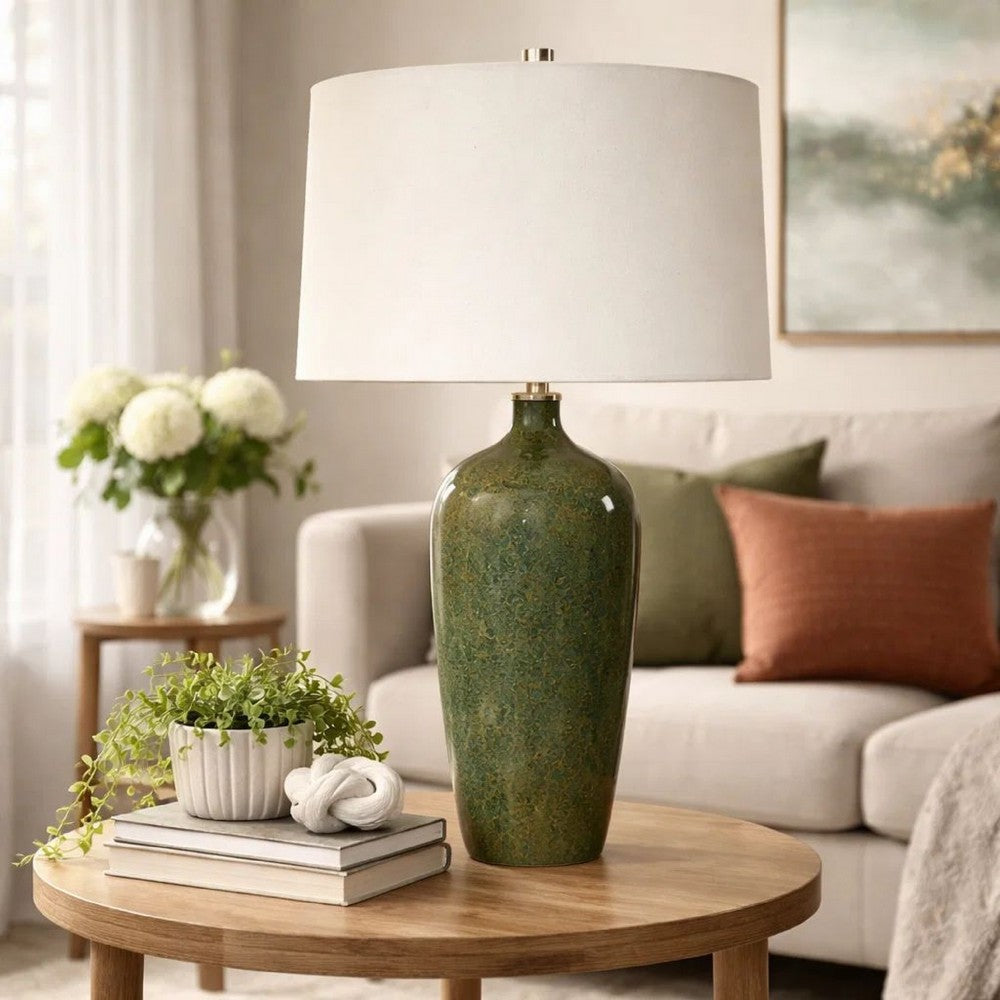 Benjara Table Lamp, Beige Linen Shade, Distressed Emerald Green Ceramic 28 Inch