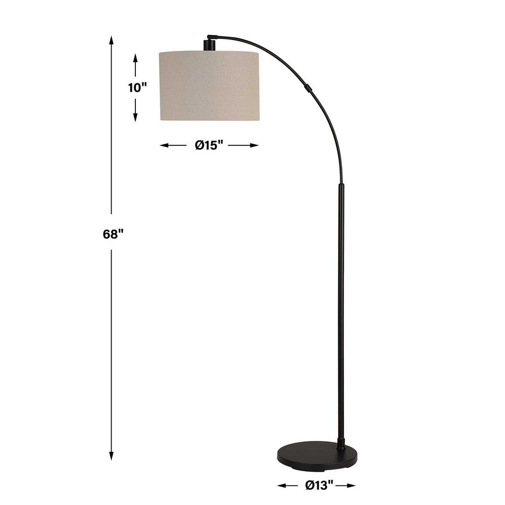 Benjara Arc Floor Lamp, Off White Linen Shade, Black Metal Frame, 68 Inch
