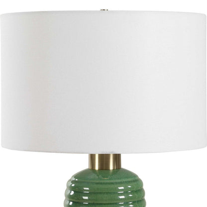 Benjara Table Lamp, Off White Linen Shade, 27 Inch Olive Green Ribbed Ceramic