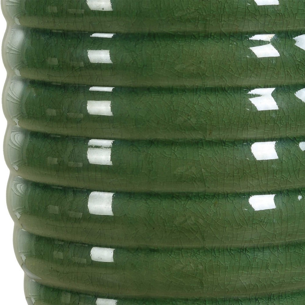Benjara Table Lamp, Off White Linen Shade, 27 Inch Olive Green Ribbed Ceramic