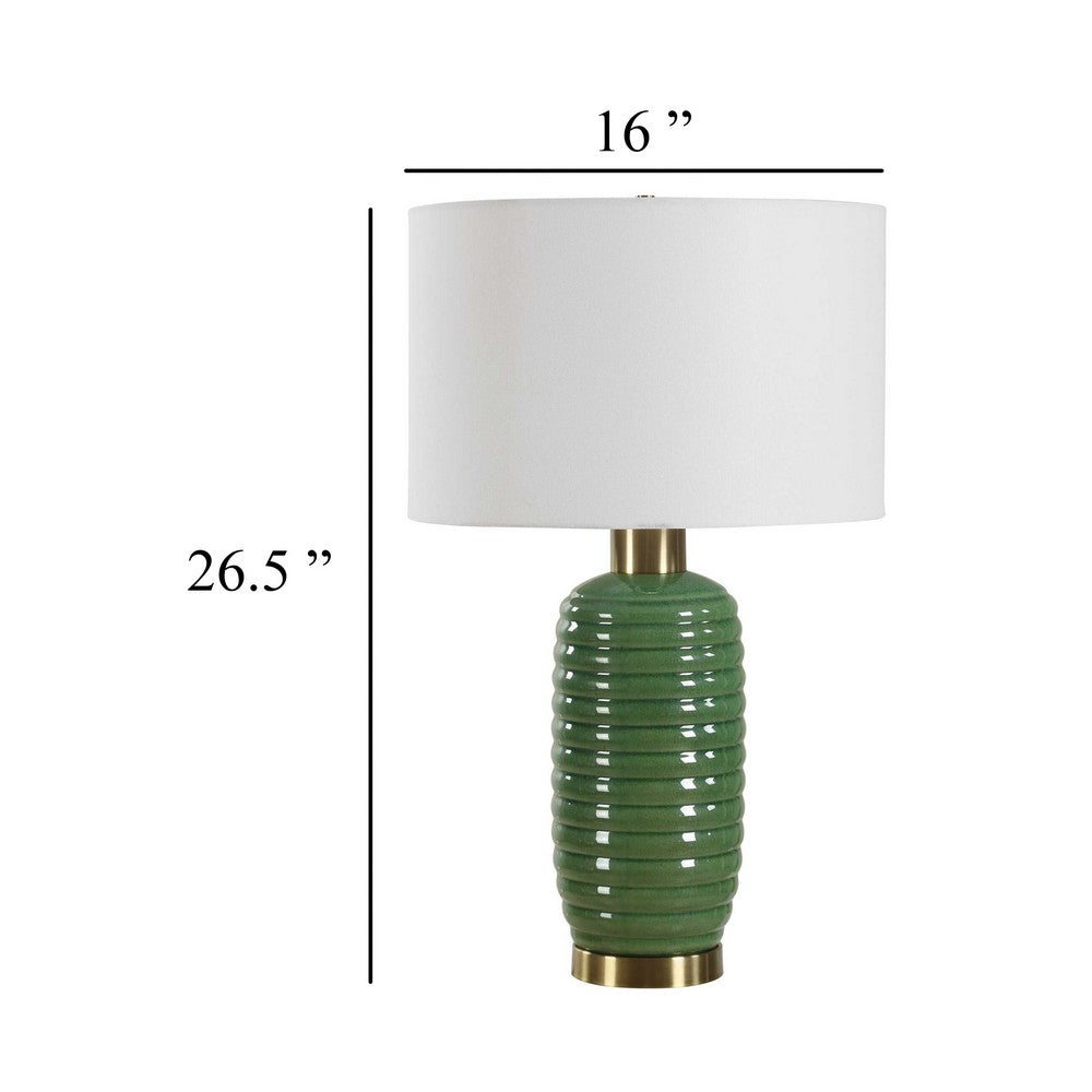 Benjara Table Lamp, Off White Linen Shade, 27 Inch Olive Green Ribbed Ceramic