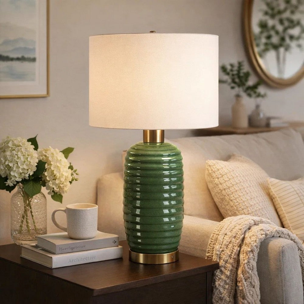 Benjara Table Lamp, Off White Linen Shade, 27 Inch Olive Green Ribbed Ceramic