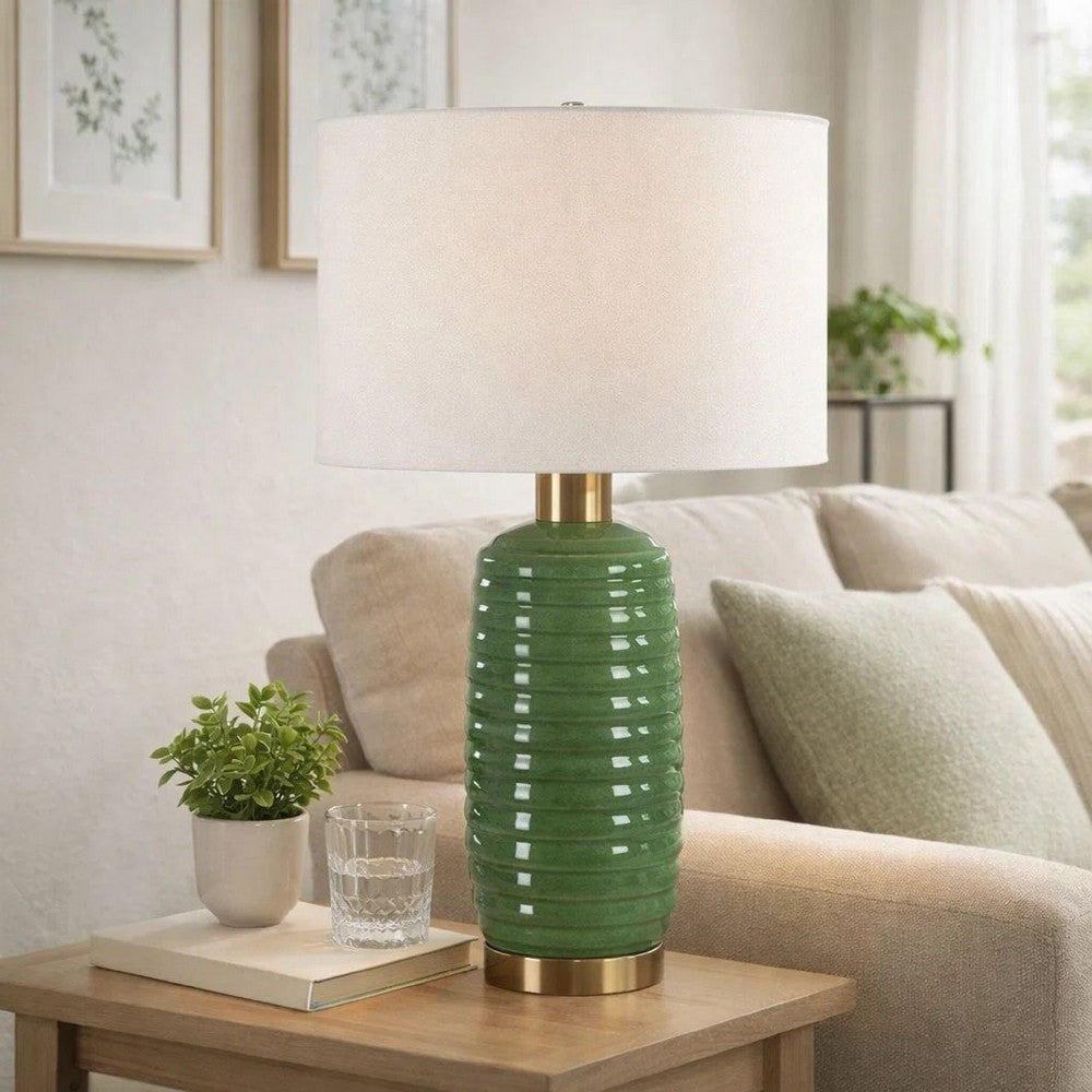 Benjara Table Lamp, Off White Linen Shade, 27 Inch Olive Green Ribbed Ceramic