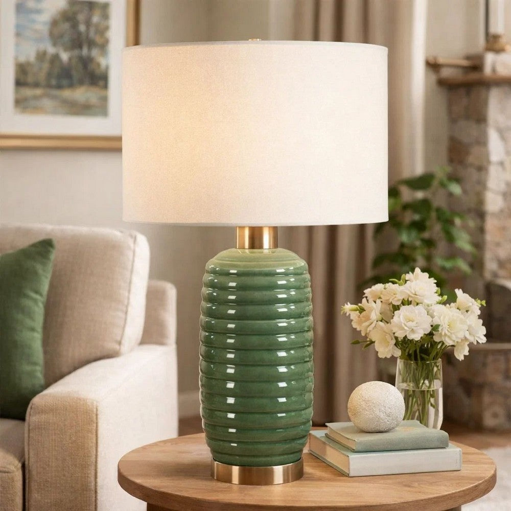 Benjara Table Lamp, Off White Linen Shade, 27 Inch Olive Green Ribbed Ceramic