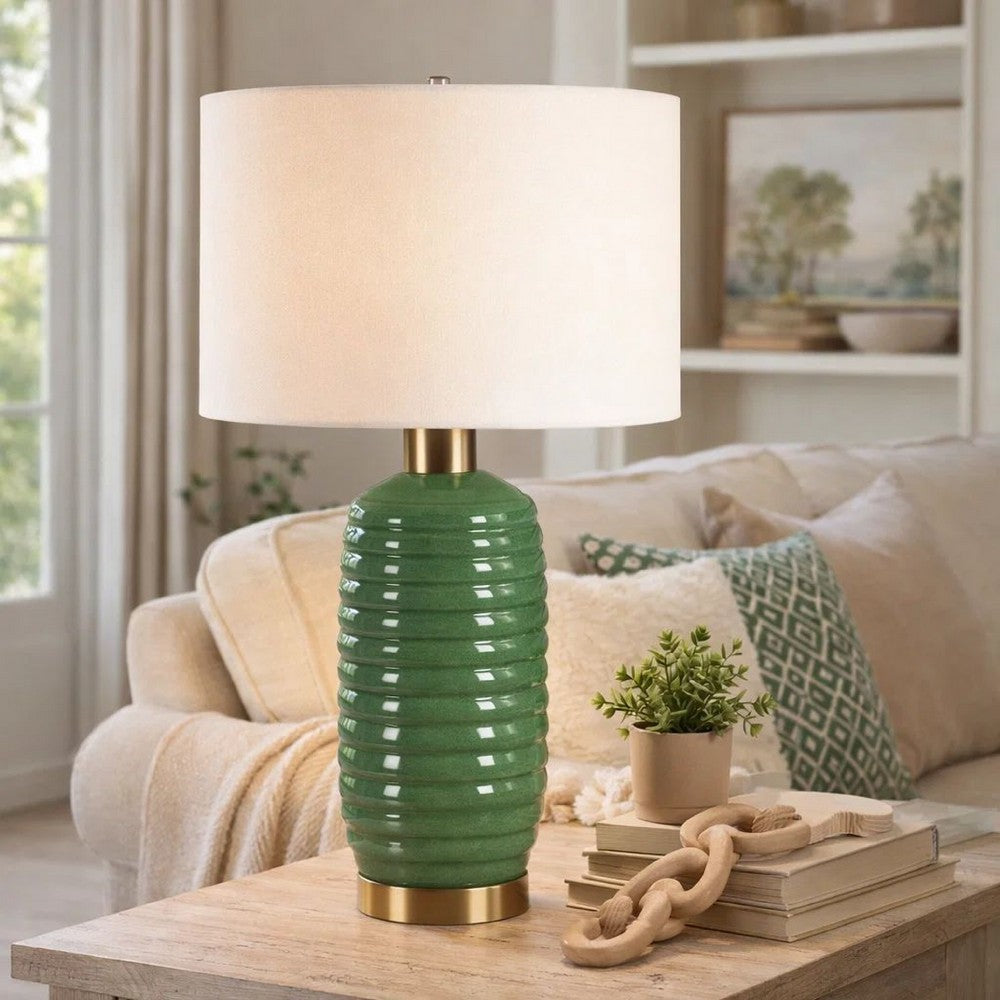 Benjara Table Lamp, Off White Linen Shade, 27 Inch Olive Green Ribbed Ceramic